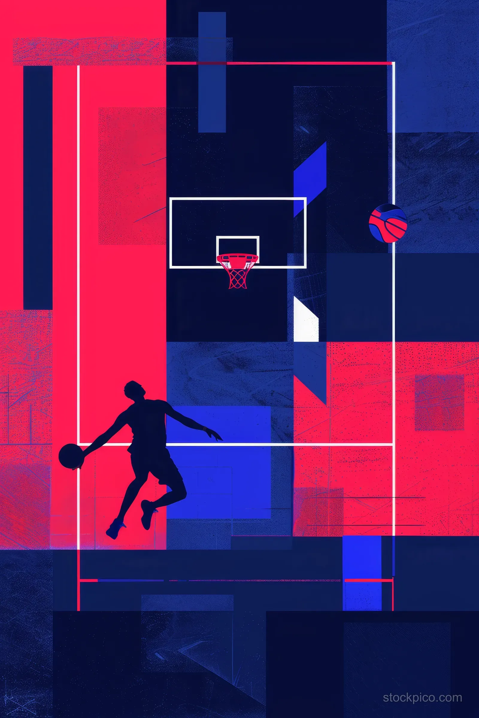 Basketball player silhouette at a hoop on a geometric red and blue court with French-inspired background blocks.