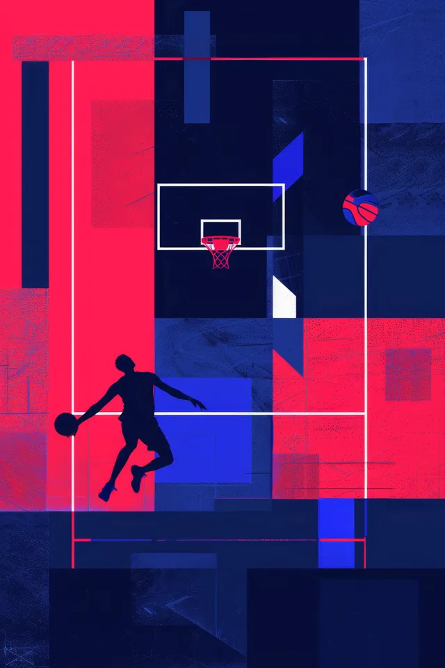 Basketball player silhouette at a hoop on a geometric red and blue court with French-inspired background blocks.