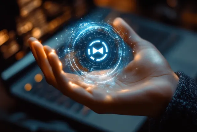 Hands hover over a laptop as a glowing copyright shield icon radiates protective light.