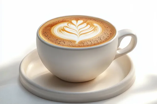 Close-up of a ceramic coffee cup with leaf latte art on a matching saucer against a white background.