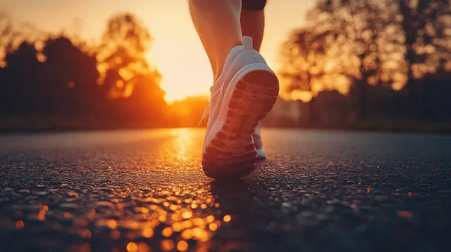 Close-up of legs walking on asphalt at sunset, golden light and long soft shadows