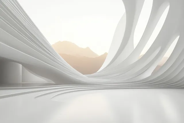 Minimalist white corridor with curved wave walls and soft daylight revealing distant mountain shapes.
