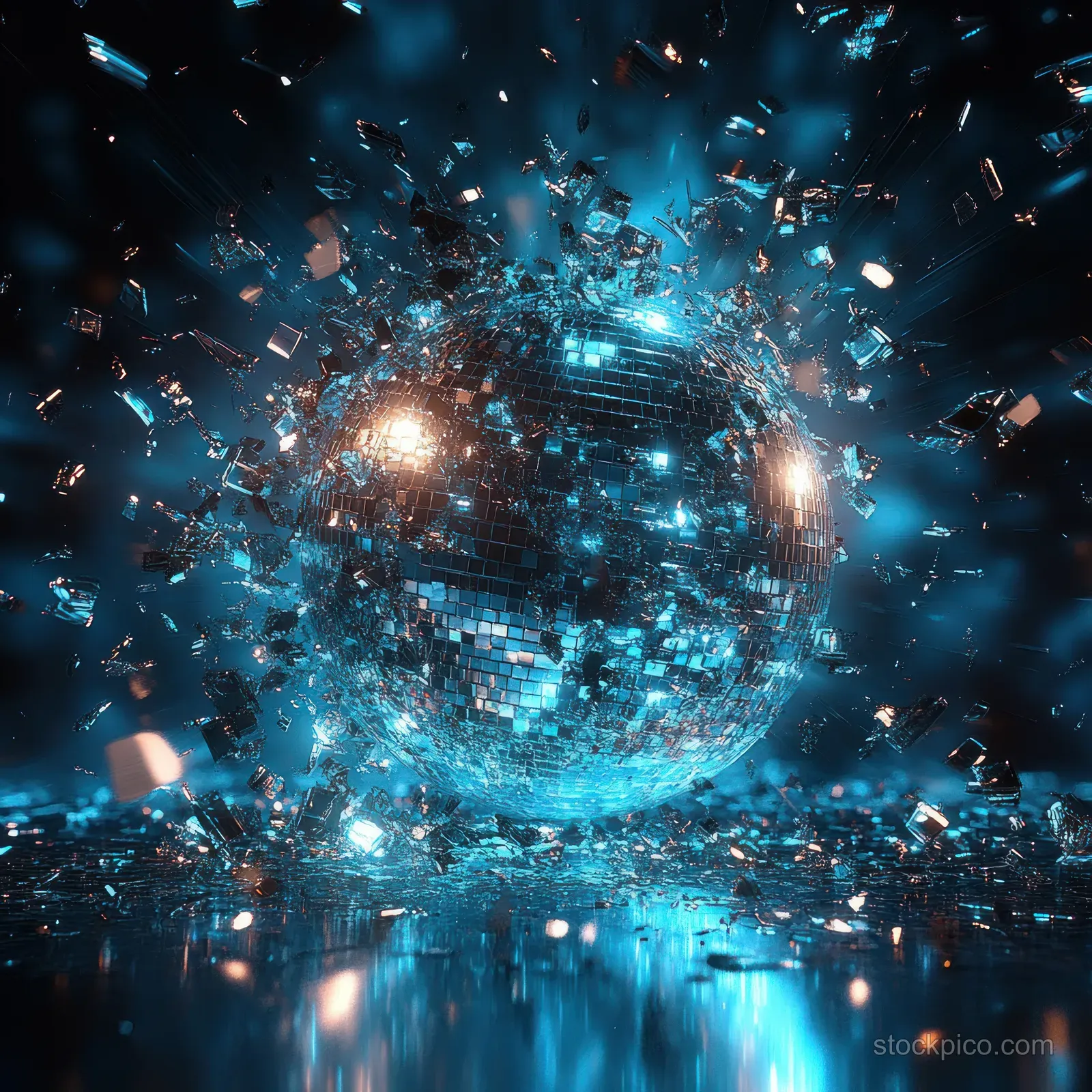 A disco ball explodes into blue and teal glittering fragments above a dark nightclub dance floor.