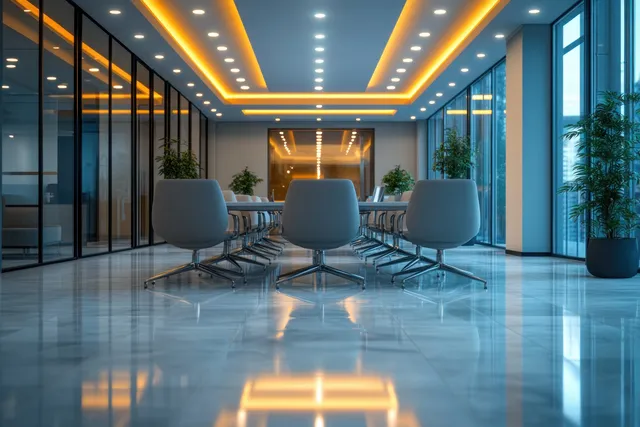 Empty office lounge with three chairs, glass partitions, and glowing ceiling lights receding into a soft-focus space.