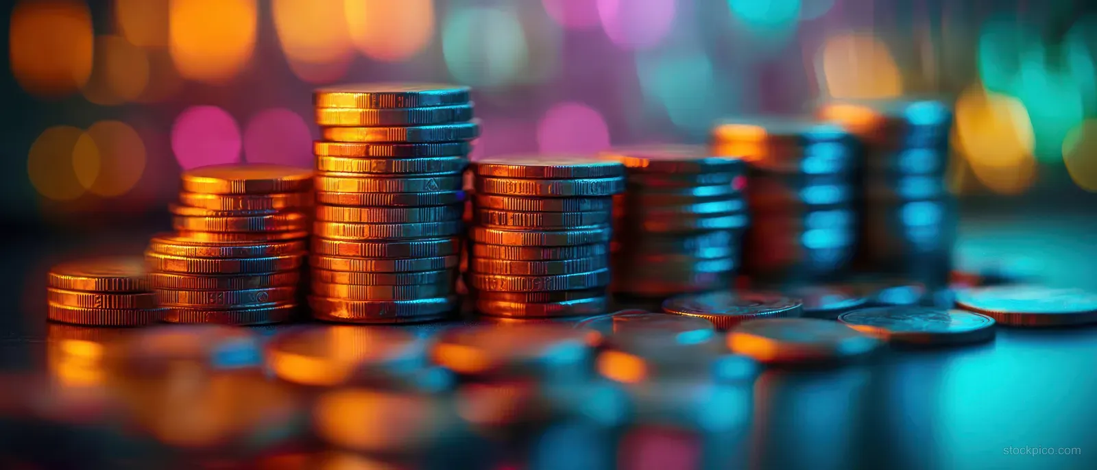 Ascending stacks of gold and copper coins on a reflective surface with colorful bokeh lights in the background.