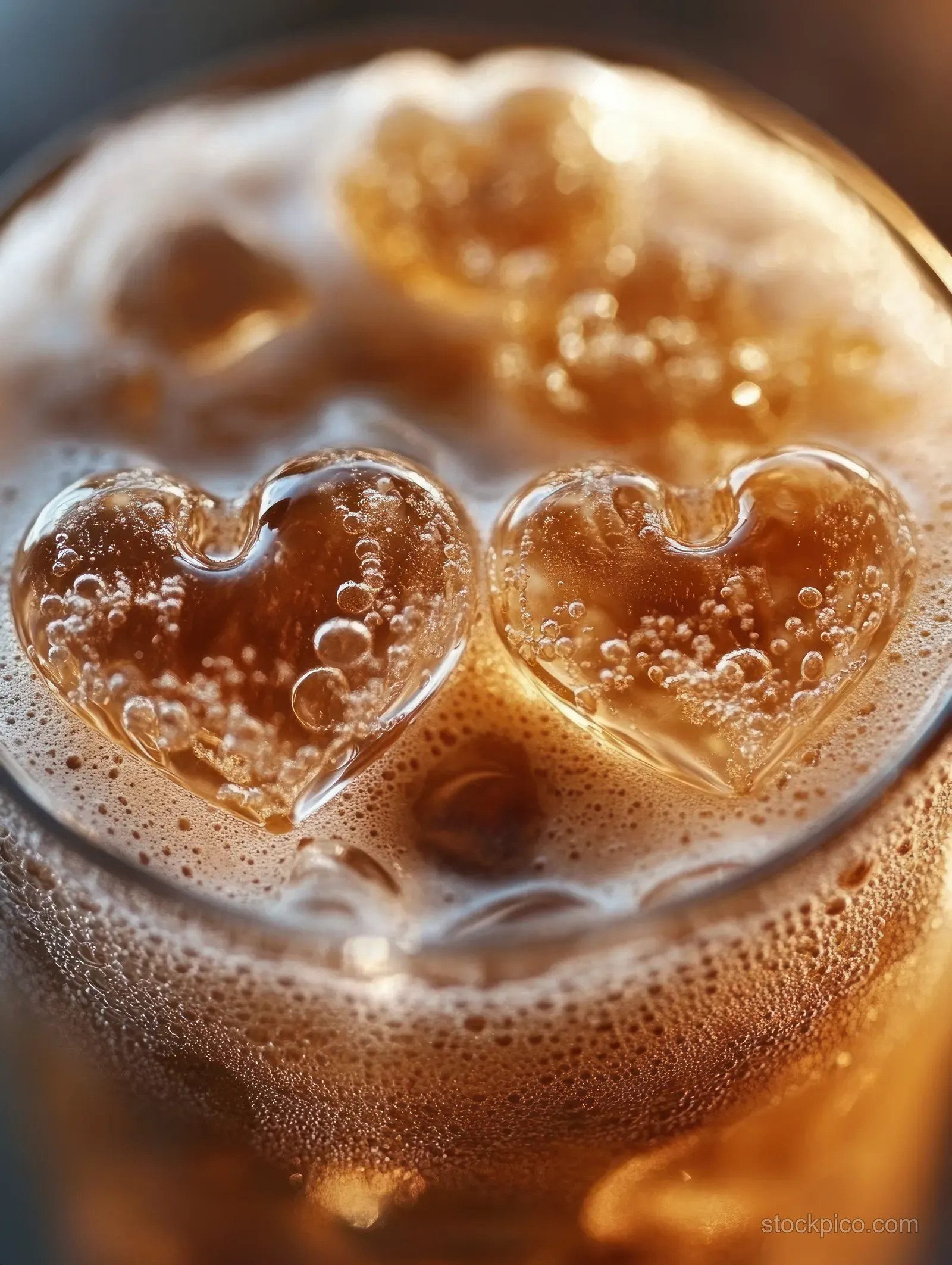 Close-up of a glass with a bubbly brown drink and two heart-shaped ice cubes floating on top.