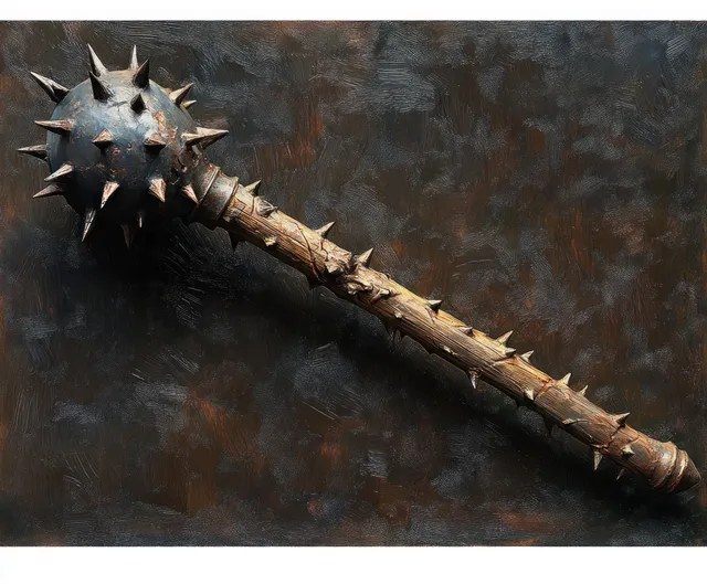Medieval wooden mace with spiked iron ball on dark textured background, close-up