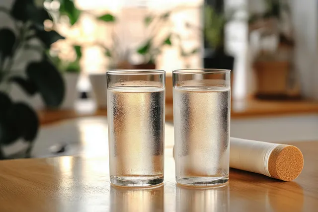 Two cold water glasses with condensation on a wooden table indoors, warm light and greenery
