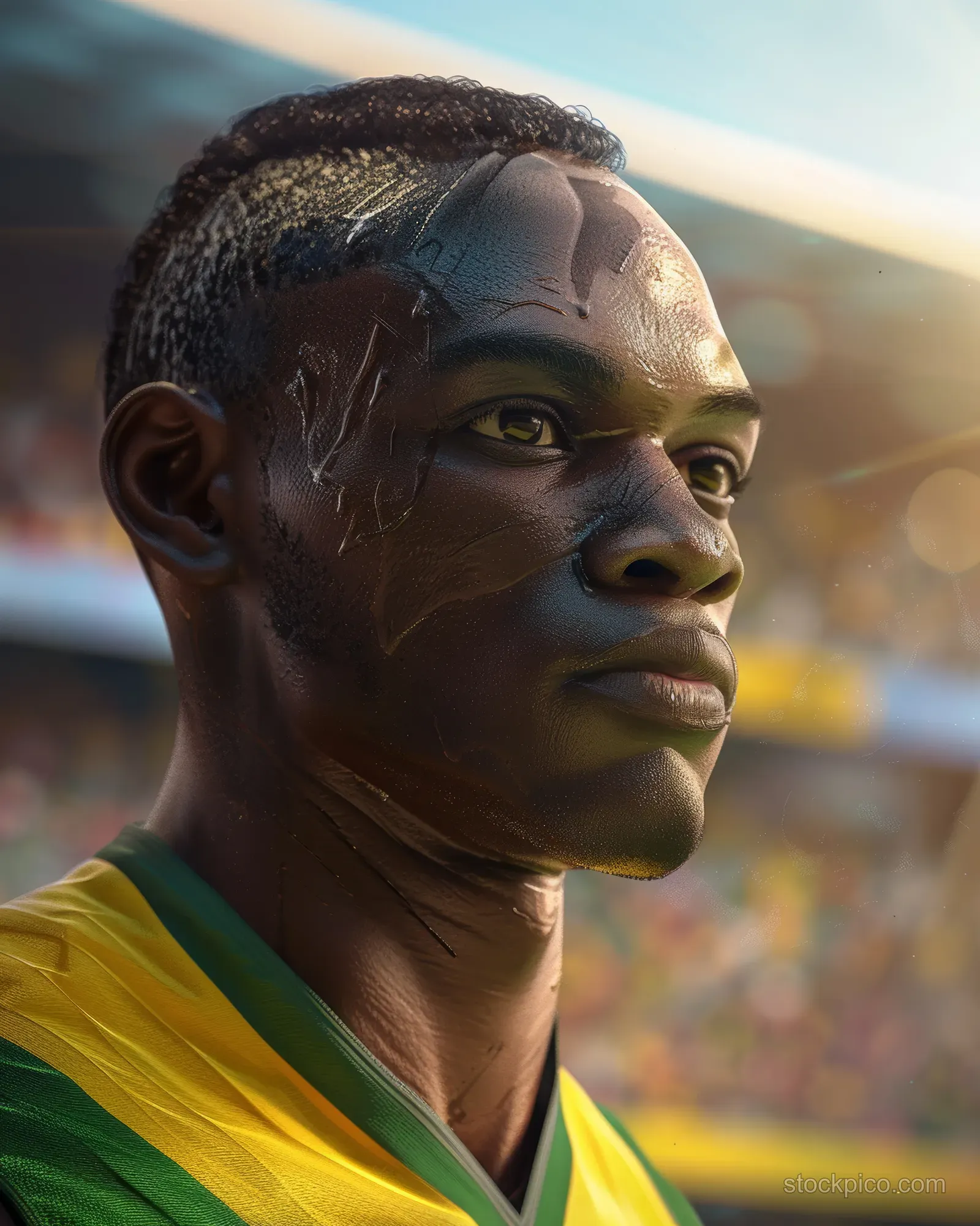 Close-up of a Jamaican long jumper in yellow-green kit preparing on the track with a blurred stadium behind.