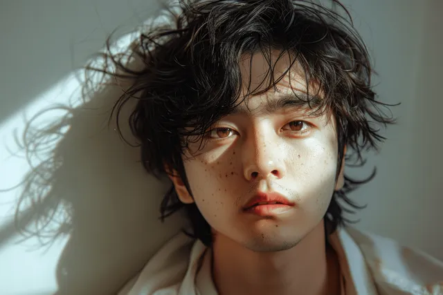 Young Korean man with messy wavy hair in a white shirt looks toward camera in soft daylight against a light gray wall.