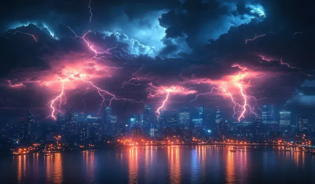 Neon-lit city skyline at night with bright lightning bolts cracking through storm clouds and reflecting on water.