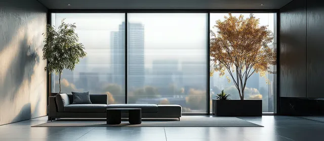 Gray sectional sofa and round tables in a minimalist living room with indoor plants and soft daylight through tall windows.