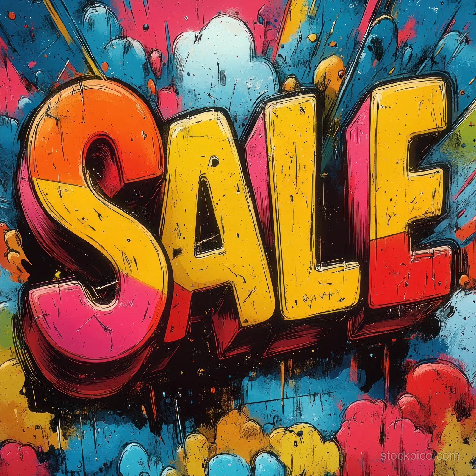 Graffiti-style pop art SALE text bursts with colorful paint splashes and speech-bubble framing.