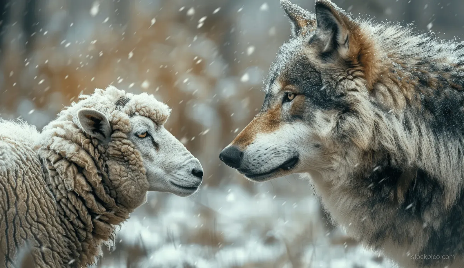A wolf and a sheep meet face to face in falling snow, maintaining eye contact in a winter scene.