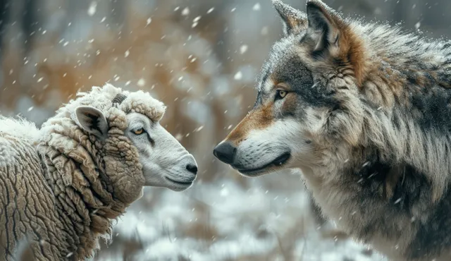 Wolf and sheep face off in snowfall, intimate eye contact and breath in winter