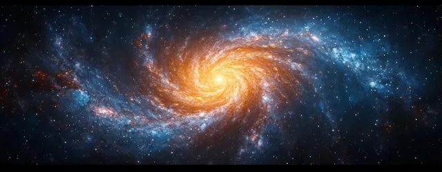 A spiral galaxy with a glowing golden core and swirling dust, surrounded by blue nebula and scattered stars.