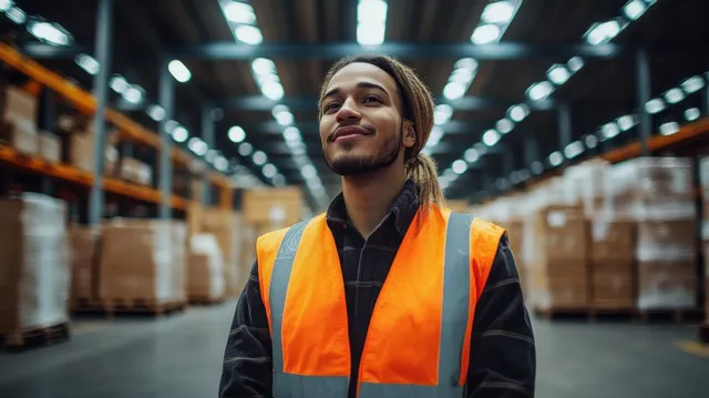A safety supervisor in an orange vest oversees warehouse operations in a well-lit industrial facility.