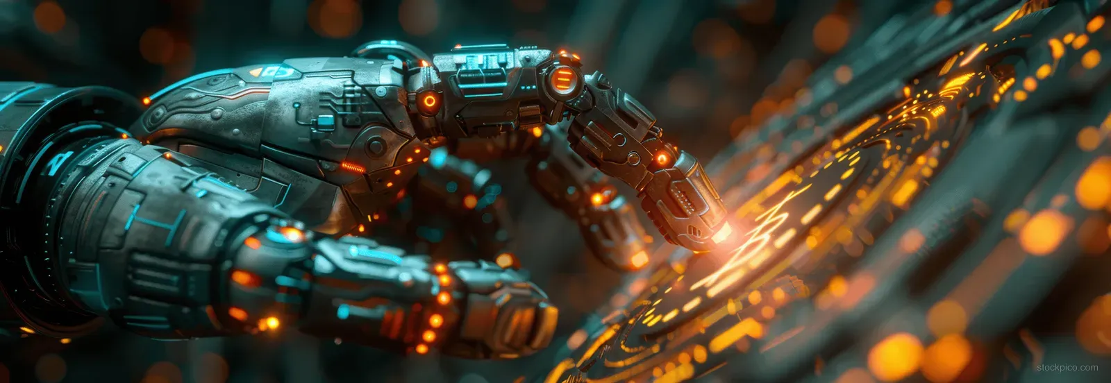 An AI robotic hand touches a holographic bank building with a glowing money symbol and floating digital circuitry.