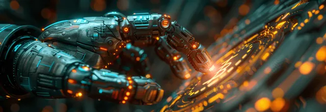 An AI robotic hand touches a holographic bank building with a glowing money symbol and floating digital circuitry.