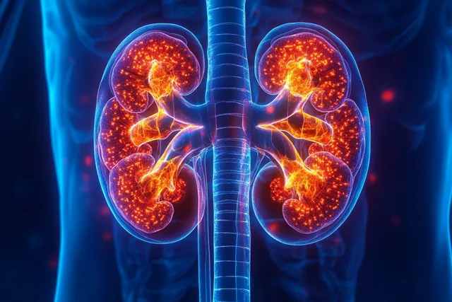 3D kidney anatomy view glowing orange organs inside a blue translucent body silhouette