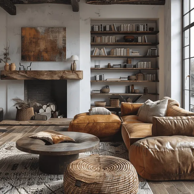 Scandinavian living room with brown leather sofa, fireplace, bookshelves, and warm sunlight