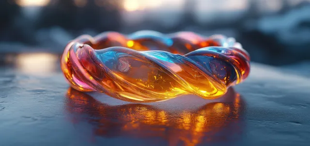Primer plano de un anillo brillante iridiscente sobre una superficie oscura y húmeda con reflejos y refracciones del arcoíris.