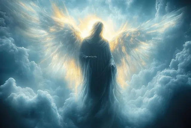 A glowing angel silhouette with golden wings emerges from bright clouds against a dramatic blue sky.