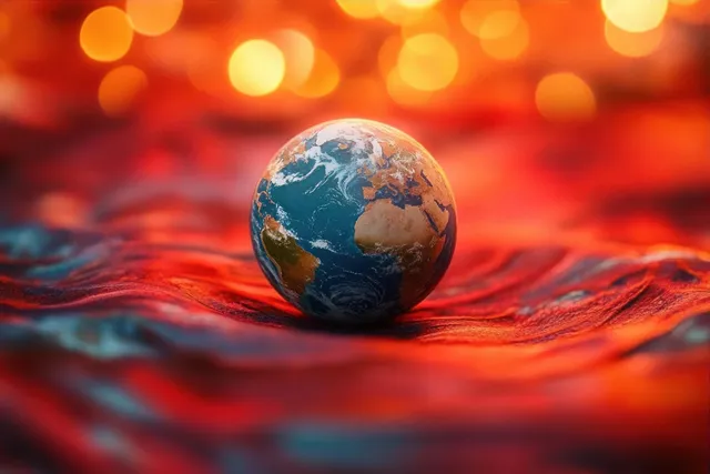A small Earth globe rests on textured red cloth with warm glowing bokeh lights behind it.