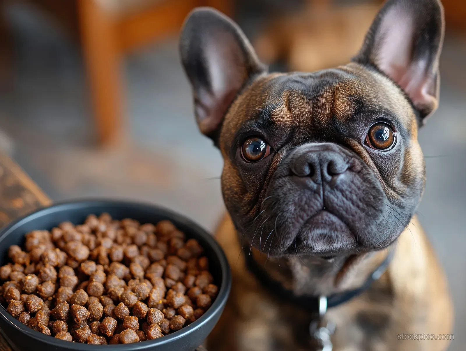 A cute French bulldog puppy sits beside a food bowl in bright daylight, highlighting pet care and healthy nourishment.