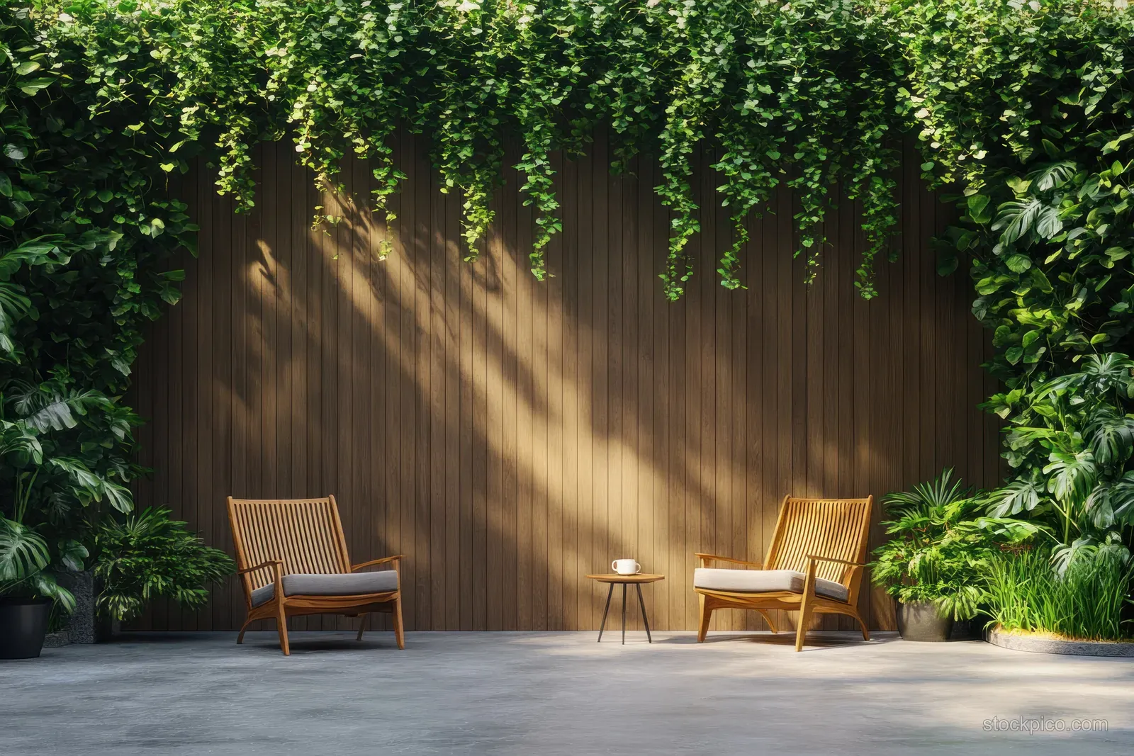 Two wooden patio chairs and a small table with a coffee cup sit in sunlit shade beside a wooden wall covered with green vines.