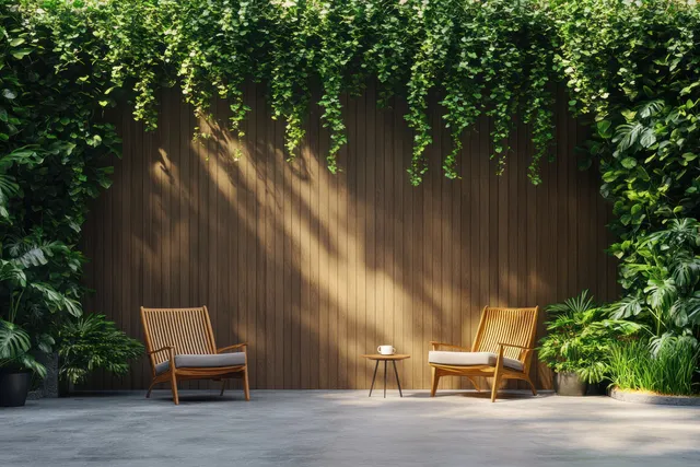 Two wooden patio chairs and a small table with a coffee cup sit in sunlit shade beside a wooden wall covered with green vines.