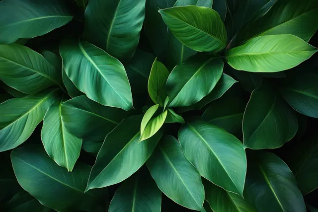 Tropical green leaves forming a dense canopy with rich shadows and soft ambient glow