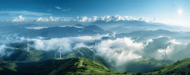 Wind turbines stand on a mountain ridge, rotating above misty green valleys under a blue sky.
