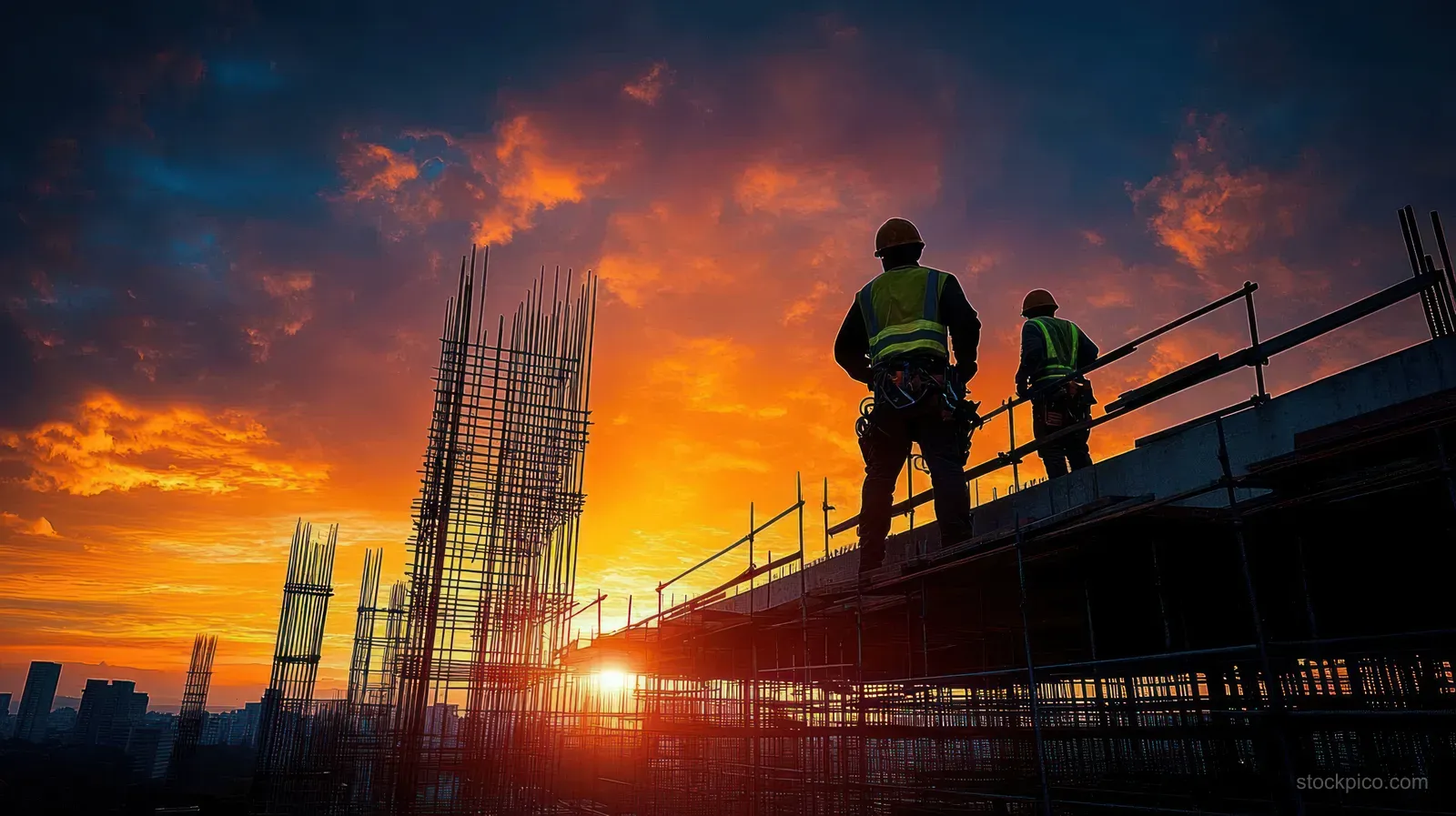 Silhouetted workers on scaffolding at a sunset construction site with cranes and tall buildings in the background.