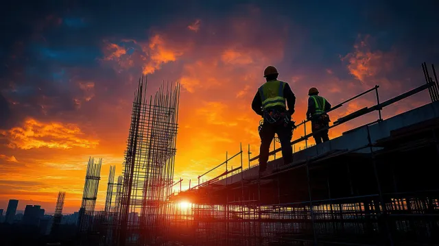 Silhouetted workers on scaffolding at sunset construction site, warm orange sky and cranes