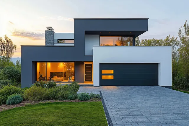 Minimalist modern home with garage lit at dusk, driveway and landscaped front yard