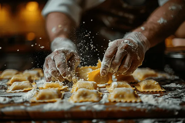 Gloved hands shape and seal pierogi dumplings on a floured countertop during a cooking class.