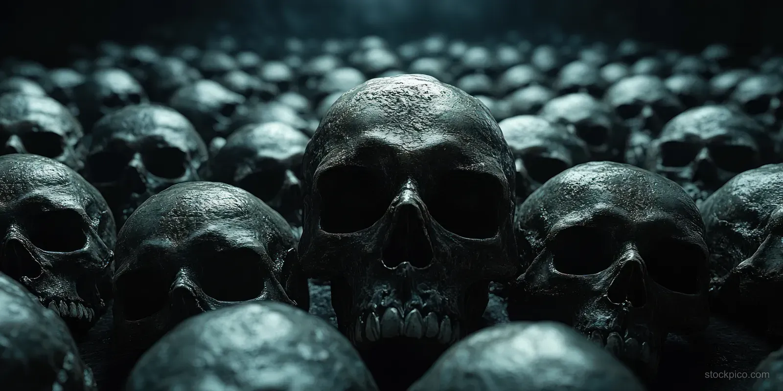 A pile of human skulls on the ground in a dark, dusty nighttime scene with heavy shadows.