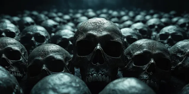 A pile of human skulls on the ground in a dark, dusty nighttime scene with heavy shadows.