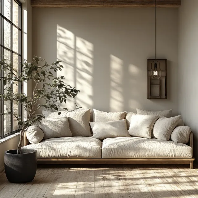Beige sofa beside a potted fig plant in a sunlit minimalist living room.