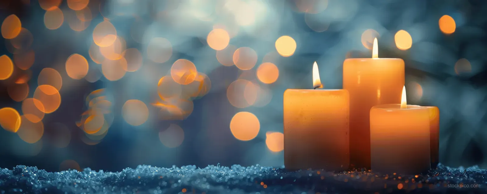 Three burning candles glow beside soft bokeh lights on a blue wintery backdrop with copy space.