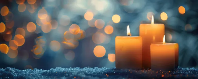Burning candles glowing with soft bokeh lights against blue winter background copy space
