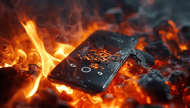 Burning smartphone on glowing coals with flames, sparks, and smoke rising around a damaged screen.