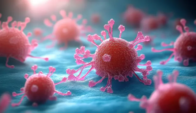 A central 3D cancer cell with pink tendrils floats among blurred cells in blue liquid.