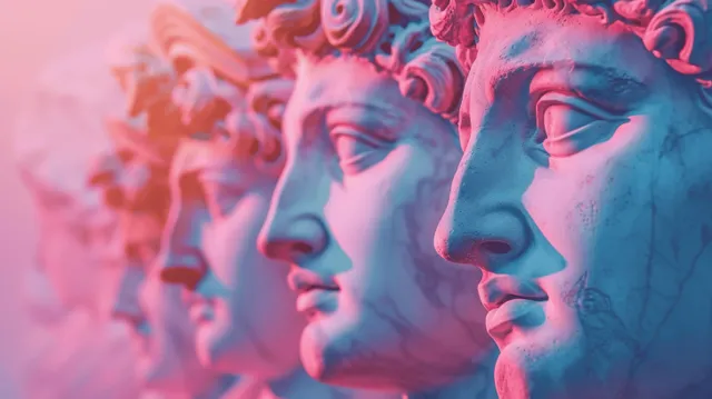 A neon blue and pink lit plaster statue head portrait with a calm expression and softly blurred backdrop.