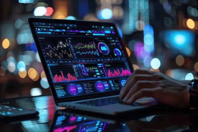 A man works on a laptop showing virtual KPI dashboards and data charts in a nighttime office.