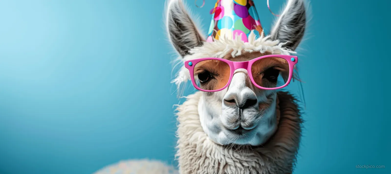 An alpaca wearing a party hat and sunglasses on a bright blue festive background with confetti.