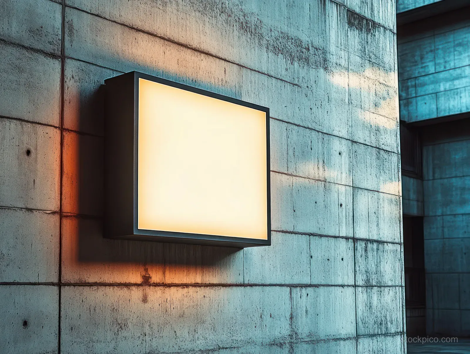 An illuminated blank rectangular lightbox sign is mounted on a textured concrete wall in an industrial urban corridor.