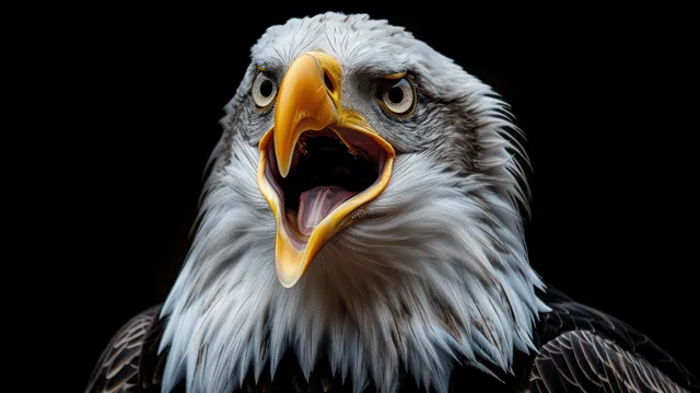 Close-up of a screaming bald eagle with open beak and sharp eyes isolated on a black background.