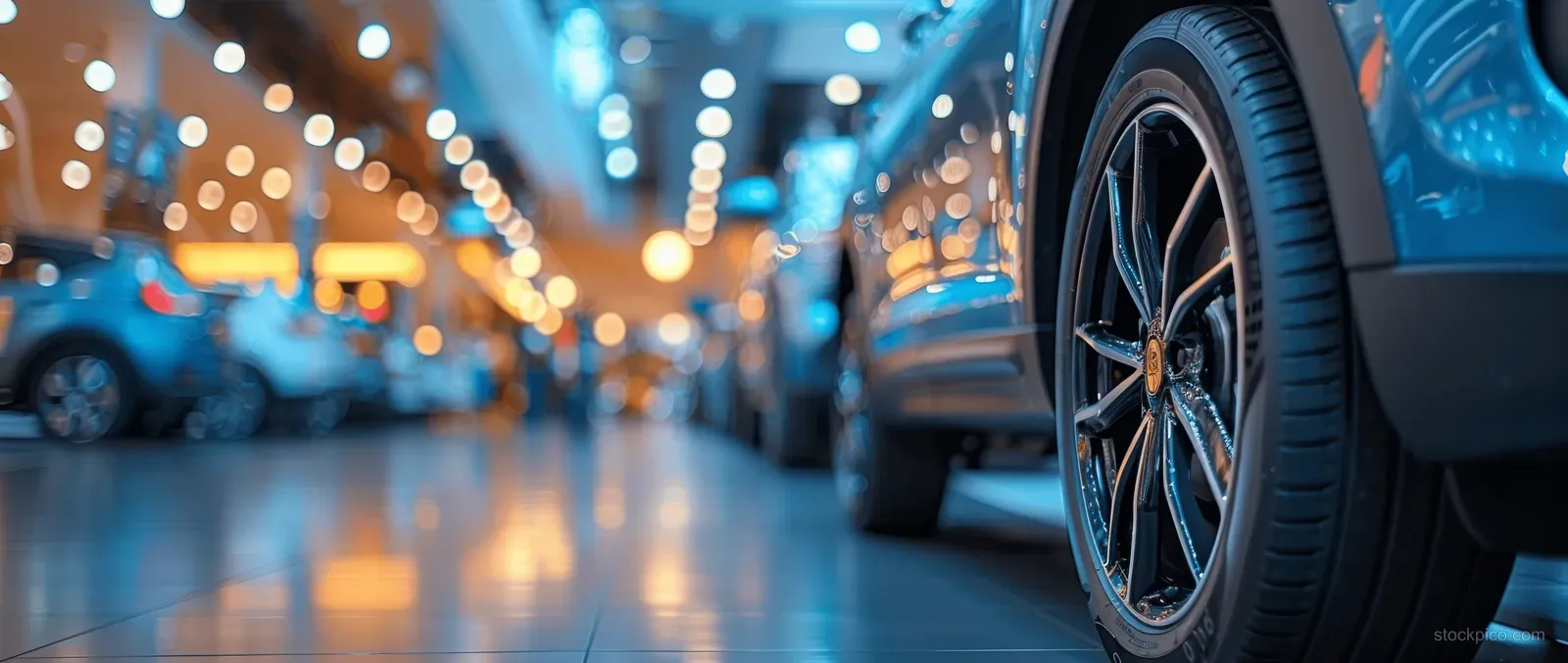 Close-up of a blue SUV wheel beside a dealership lane with blurred cars and glowing lights in the distance.